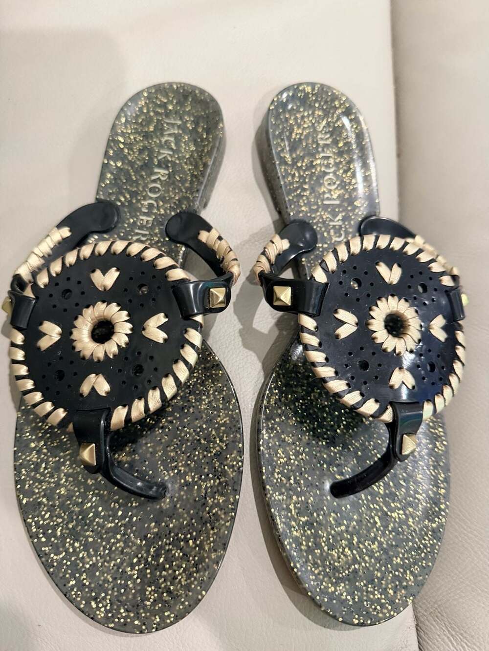 Jack Rogers Georgica Jelly Sandal Size 5 Black Gold Glitter